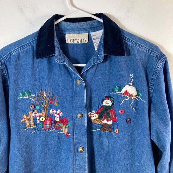 Womens Vintage Casey & Max Denim Christmas Embroidered Button Shirt Blue S - Picture 4 of 8